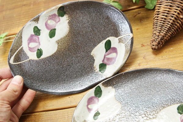【益子焼】焼餃子や前菜にも☆楕円のフラットな中皿【むらさき椿・単品1枚】