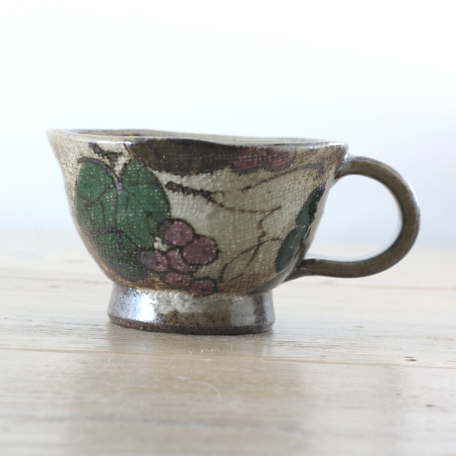 【益子焼】 コーヒーカップ＆ソーサー 珈琲カップ おしゃれ 陶器 布目ぶどう模様 【サイズ中・単品１客】