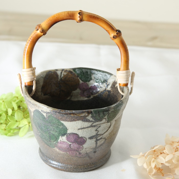 【益子焼】 アウトレットB品  氷入れ アイスペール 布目ぶどう 職人が作った竹の持ち手付き ミニミニサイズの氷入れ 【単品１個】※アウトレットB品のため、ギフト包装不可※返品交換不可