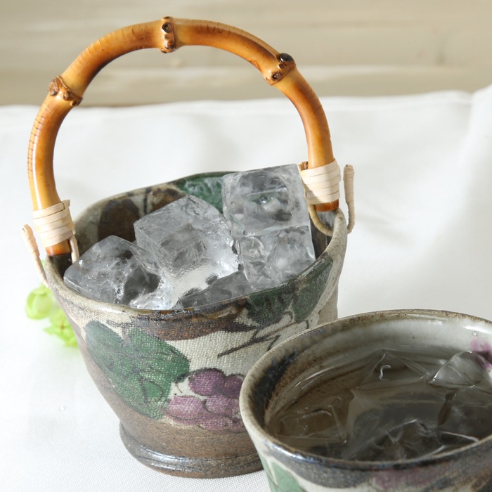 【益子焼】 アウトレットB品  氷入れ アイスペール 布目ぶどう 職人が作った竹の持ち手付き ミニミニサイズの氷入れ 【単品１個】※アウトレットB品のため、ギフト包装不可※返品交換不可