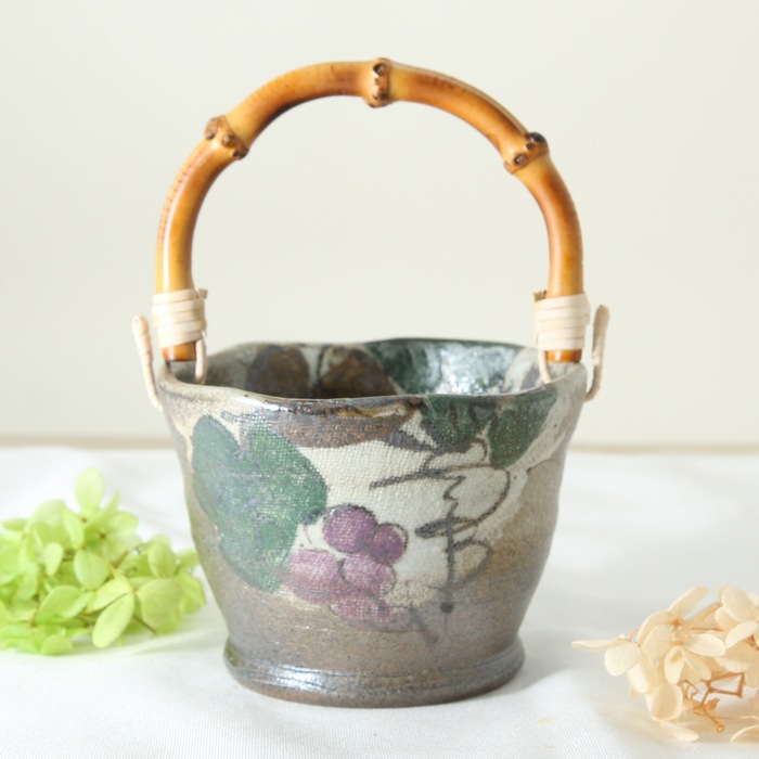 【益子焼】 アウトレットB品  氷入れ アイスペール 布目ぶどう 職人が作った竹の持ち手付き ミニミニサイズの氷入れ 【単品１個】※アウトレットB品のため、ギフト包装不可※返品交換不可