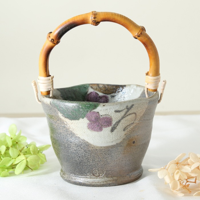 【益子焼】 アウトレットB品  氷入れ アイスペール 布目ぶどう 職人が作った竹の持ち手付き ミニミニサイズの氷入れ 【単品１個】※アウトレットB品のため、ギフト包装不可※返品交換不可
