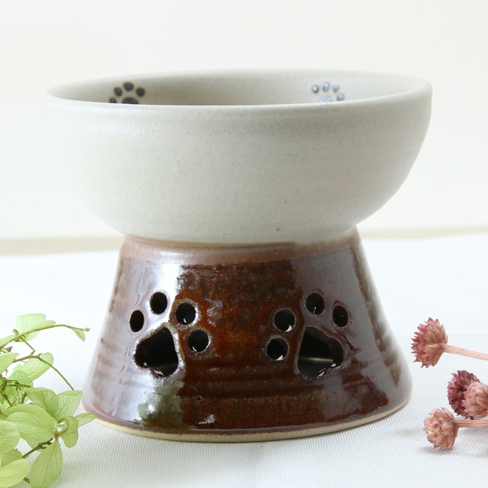 【益子焼】 フードボウル ペット 餌入れ おしゃれ 食器 陶器 釉薬シリーズ 肉球を描いたフードボウル 【単品1個】