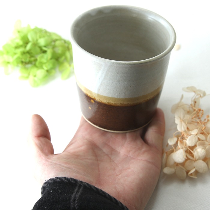 【益子焼】釉シリーズ シンプル寸胴 フリーカップ 焼酎カップ 白マット&あめ釉の2種釉薬 【単品1個】
