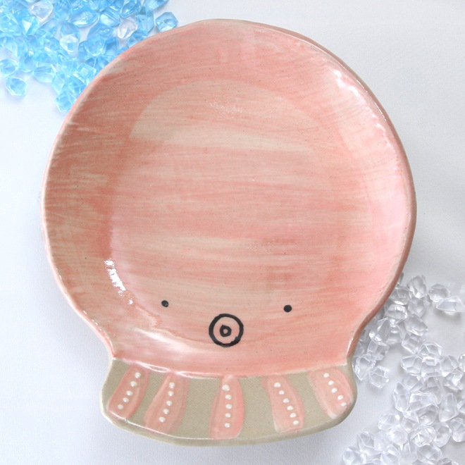 【益子焼】おしゃれ 海の生き物たちシリーズ タコ タコの浅めなお皿 中皿 【単品１枚】