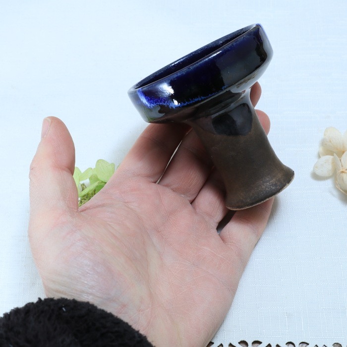 陶器 シーシャ・ハガル ハガー （ボウル クレイトップ トップ ヘッド）ルリ色＆白流しがけ 下部ブロンズ系色 作家 陶芸家 横山雄一作 一点物