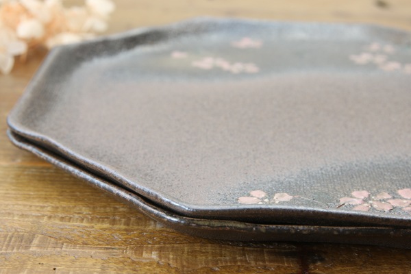 益子焼 炭化焼シリーズ  八角ワンプレート皿 約26～26.5cm さくら桜シリーズ 単品1枚