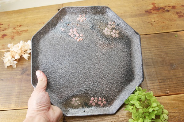 益子焼 炭化焼シリーズ  八角ワンプレート皿 約26～26.5cm さくら桜シリーズ 単品1枚