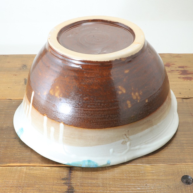 【益子焼】 メダカ鉢 おしゃれ 陶器 白と茶色 中は流れるブルー系 縁６箇所変形デザイン 約31.5cm 一点物 【単品１個】※ギフト包装不可