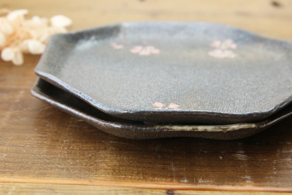 益子焼 炭化焼シリーズ  八角ケーキプレート皿 約17cm さくら桜シリーズ 単品1枚