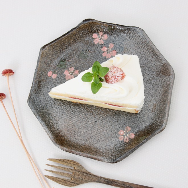 益子焼 炭化焼シリーズ  八角ケーキプレート皿 約17cm さくら桜シリーズ 単品1枚
