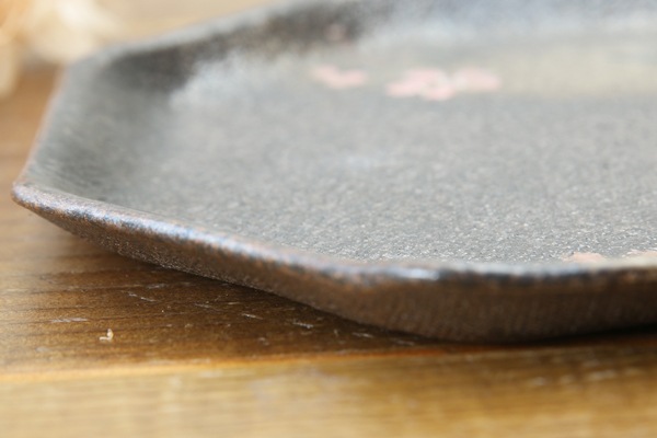 益子焼 炭化焼シリーズ  八角ケーキプレート皿 約17cm さくら桜シリーズ 単品1枚