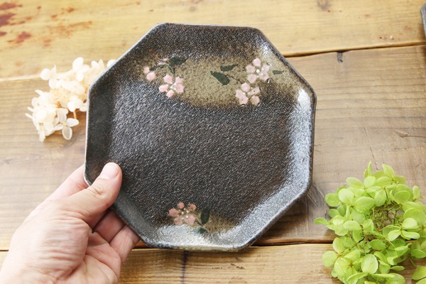 益子焼 炭化焼シリーズ  八角ケーキプレート皿 約17cm さくら桜シリーズ 単品1枚