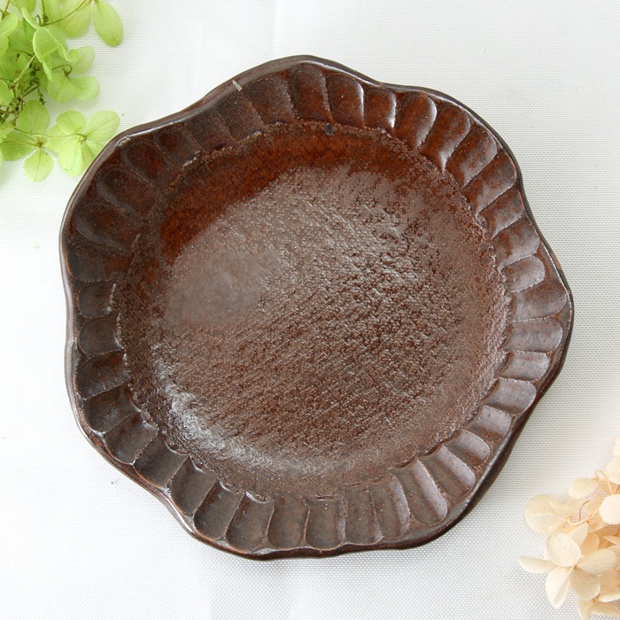 【益子焼】釉薬シリーズ　縁しのぎケーキプレート　約15.5cm　【益子あめ釉・単品１枚】