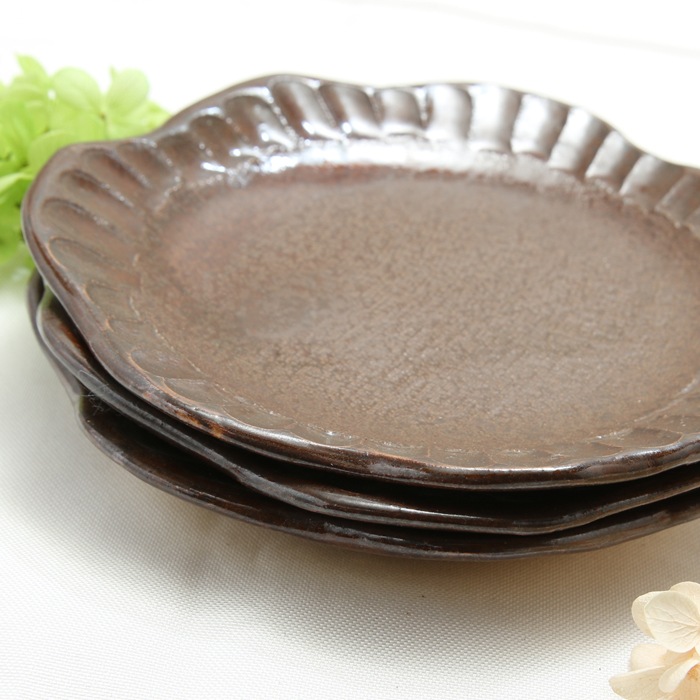 【益子焼】釉薬シリーズ　縁しのぎケーキプレート　約15.5cm　【益子あめ釉・単品１枚】
