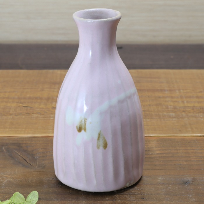 【益子焼】 釉シリーズ 酒器セット 酒器揃え しのぎ 益子ピンク 薄めなピンク 【とっくり１本・おちょこ２個のセット】