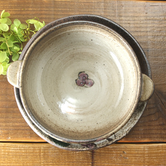 【益子焼】 グラタン皿 スープ碗 布目ぶどう模様 両手付きの浅めグラタン皿【ソーサー付き・単品１客】