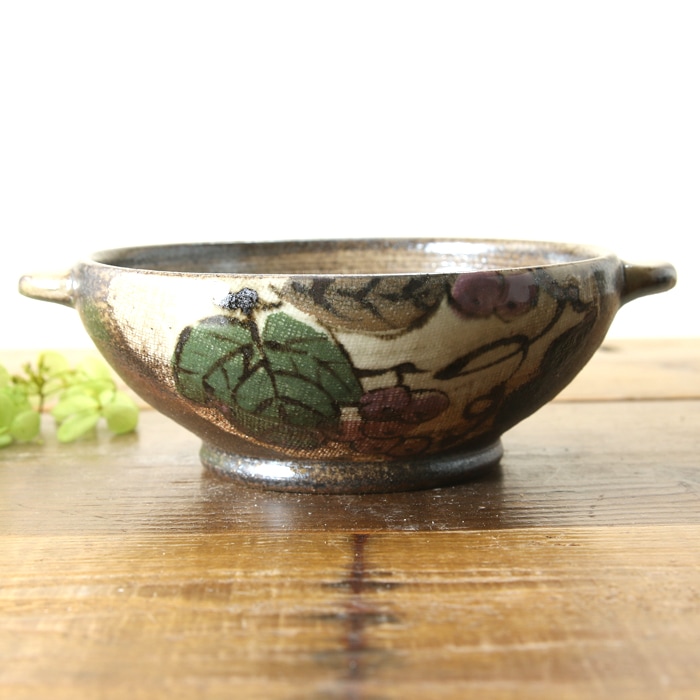 【益子焼】 グラタン皿 スープ碗 布目ぶどう模様 両手付きの浅めグラタン皿【ソーサー付き・単品１客】