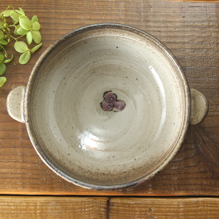 【益子焼】 グラタン皿 スープ碗 布目ぶどう模様 両手付きの浅めグラタン皿【ソーサー付き・単品１客】
