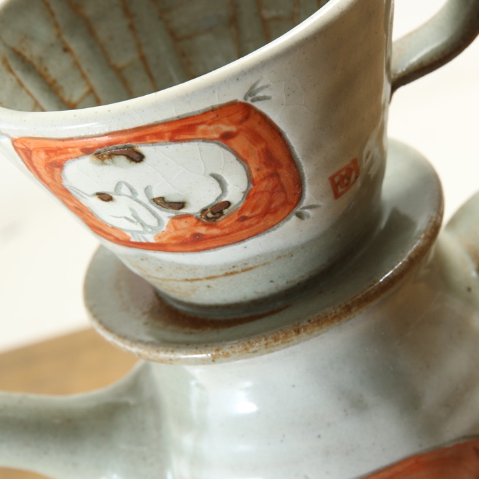 【益子焼】　コーヒードリッパー　癒し猫模様 陶芸家 木村世傑作　【本体・蓋・上部の3点セット】