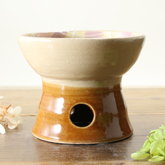 【益子焼】 ペット 食器 エサ皿 フードボウル キャラメル色と薄いベージュ チェック柄（パープル＆ピンク）釉薬シリーズ 【単品1個】