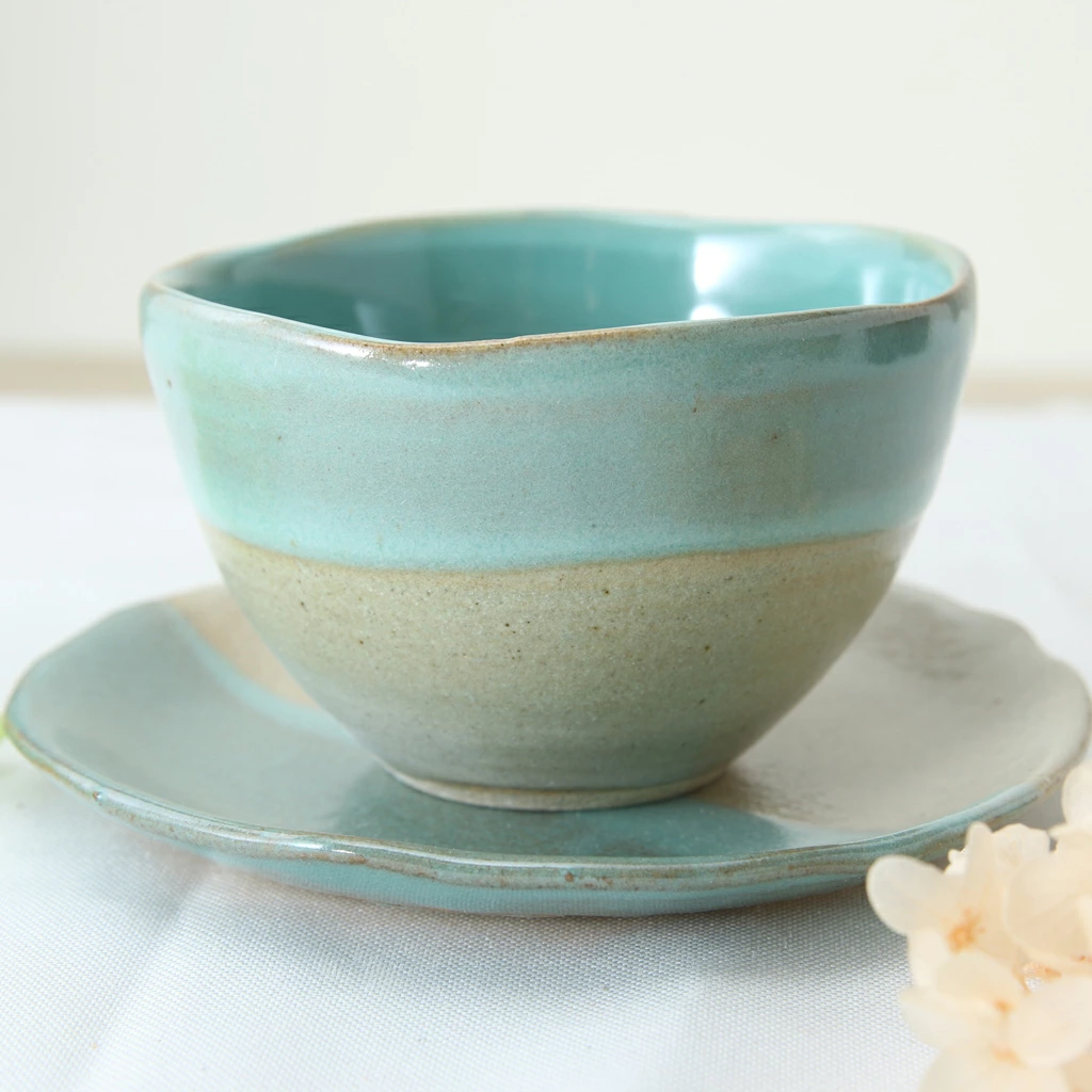 【益子焼】 釉薬シリーズ お手頃サイズ カフェオレボウル＆ソーサー 単品1客 レトログリーン