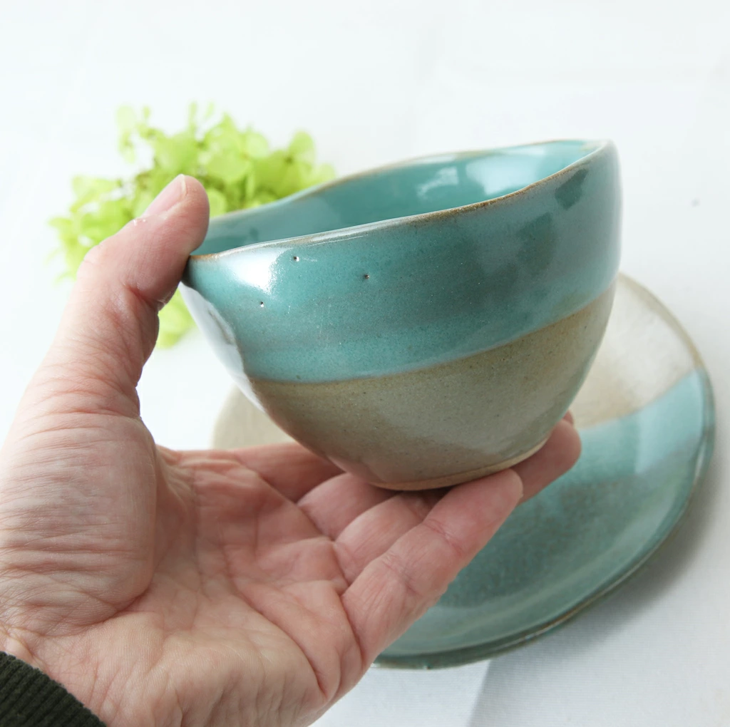【益子焼】 釉薬シリーズ お手頃サイズ カフェオレボウル＆ソーサー 単品1客 レトログリーン