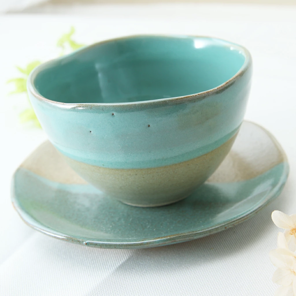 【益子焼】 釉薬シリーズ お手頃サイズ カフェオレボウル＆ソーサー 単品1客 レトログリーン