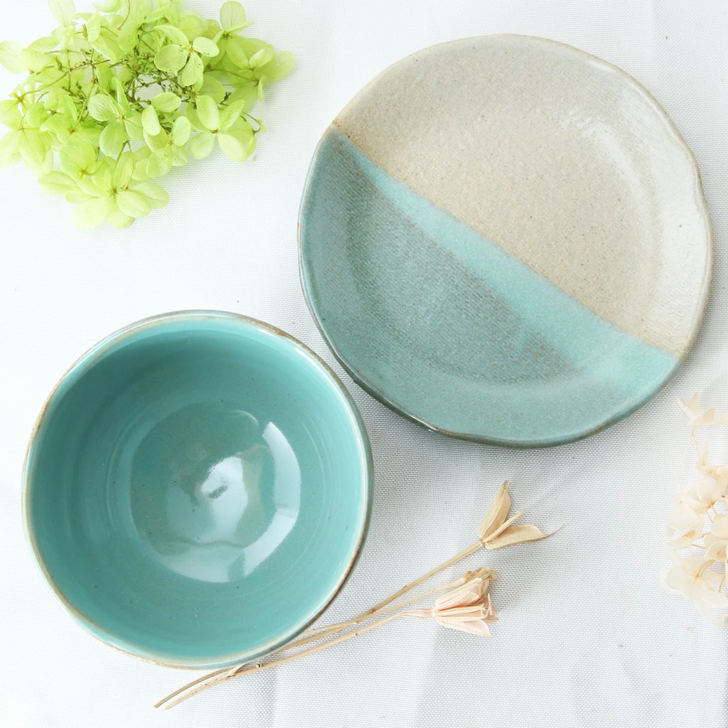 【益子焼】 釉薬シリーズ お手頃サイズ カフェオレボウル＆ソーサー 単品1客 レトログリーン