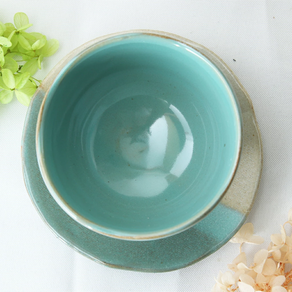 【益子焼】 釉薬シリーズ お手頃サイズ カフェオレボウル＆ソーサー 単品1客 レトログリーン