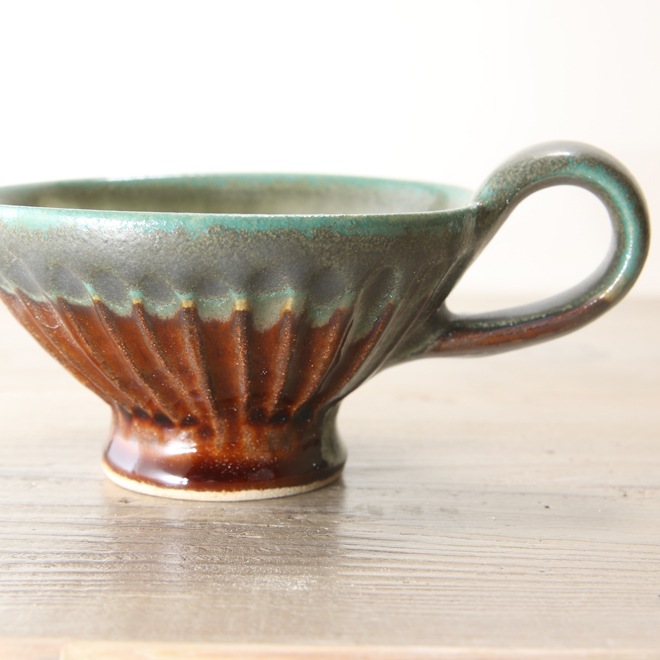 【益子焼】 ティー カップ おしゃれ しのぎ 釉薬シリーズ 手付き 飴釉＆渋め青磁釉 単品１個