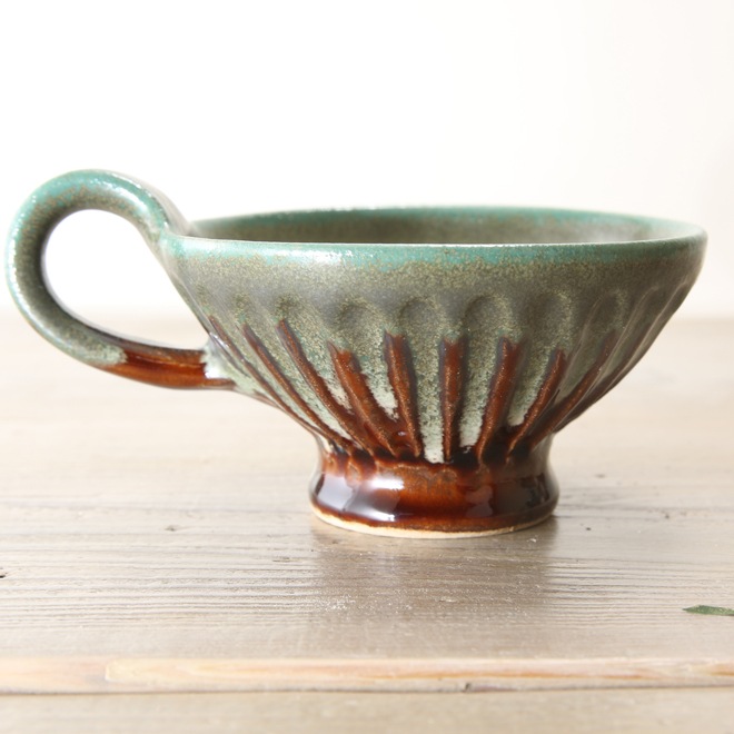 【益子焼】 ティー カップ おしゃれ しのぎ 釉薬シリーズ 手付き 飴釉＆渋め青磁釉 単品１個