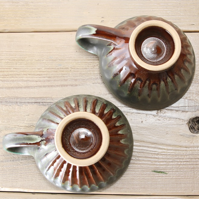 【益子焼】 ティー カップ おしゃれ しのぎ 釉薬シリーズ 手付き 飴釉＆渋め青磁釉 単品１個