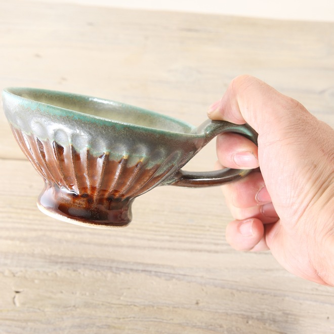 【益子焼】 ティー カップ おしゃれ しのぎ 釉薬シリーズ 手付き 飴釉＆渋め青磁釉 単品１個