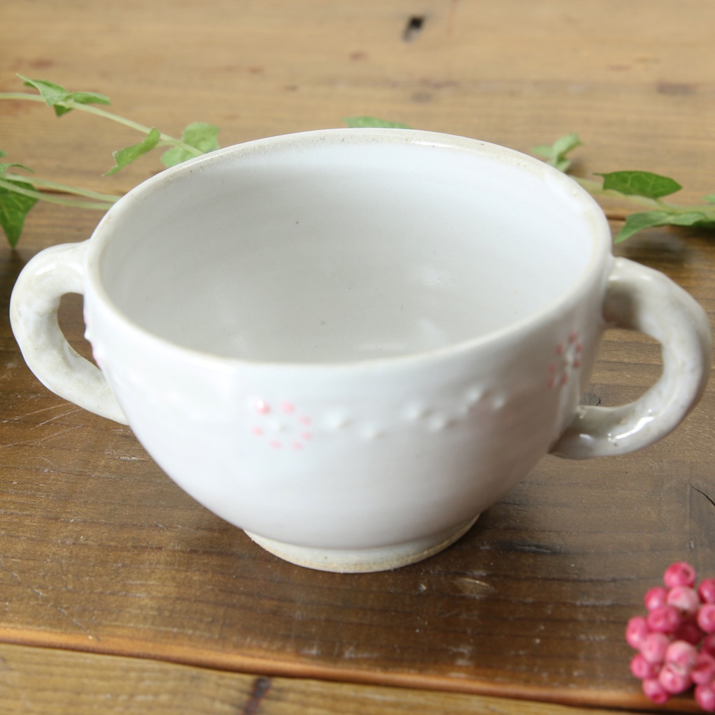 【益子焼】いっちん お花模様 両手取っ手のスープ碗【単品１個】