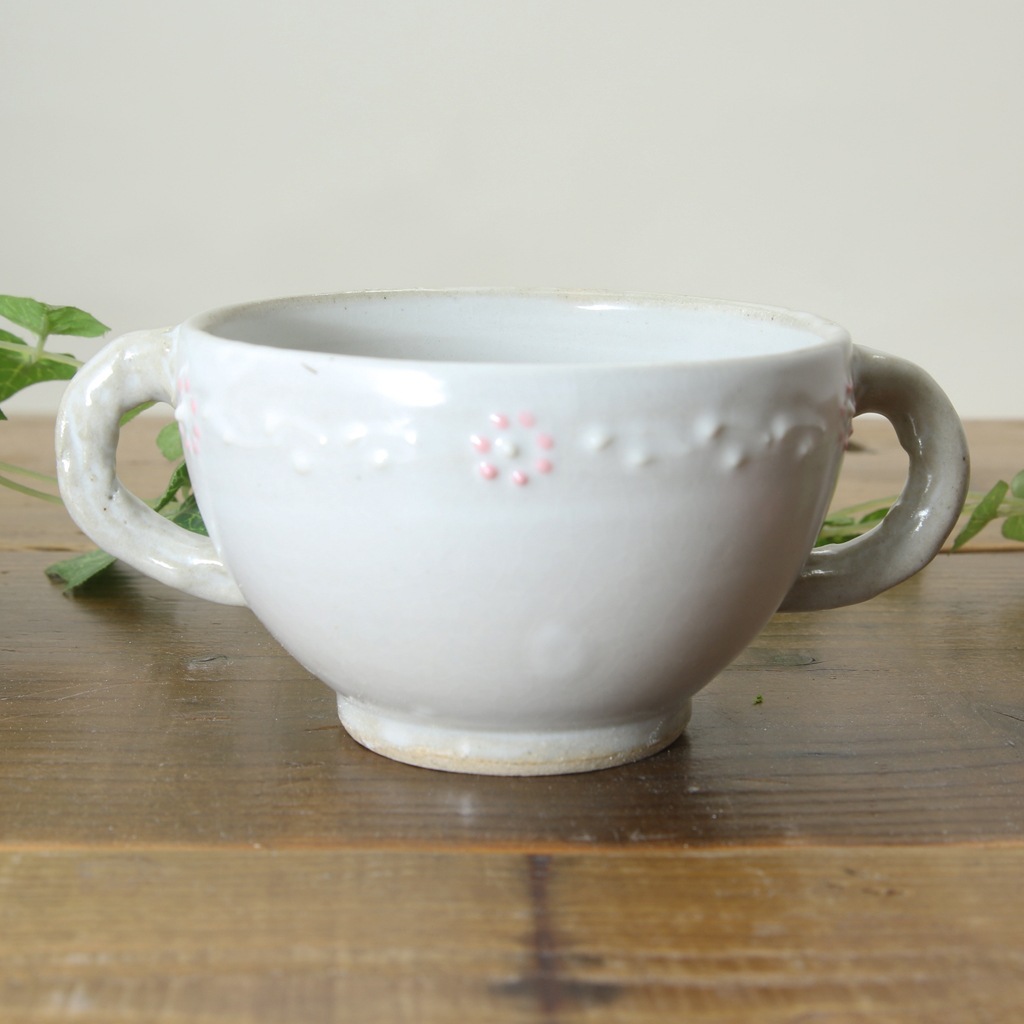 【益子焼】いっちん お花模様 両手取っ手のスープ碗【単品１個】