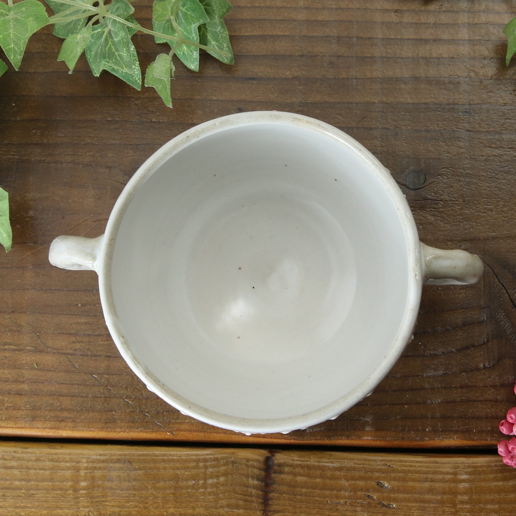 【益子焼】いっちん お花模様 両手取っ手のスープ碗【単品１個】