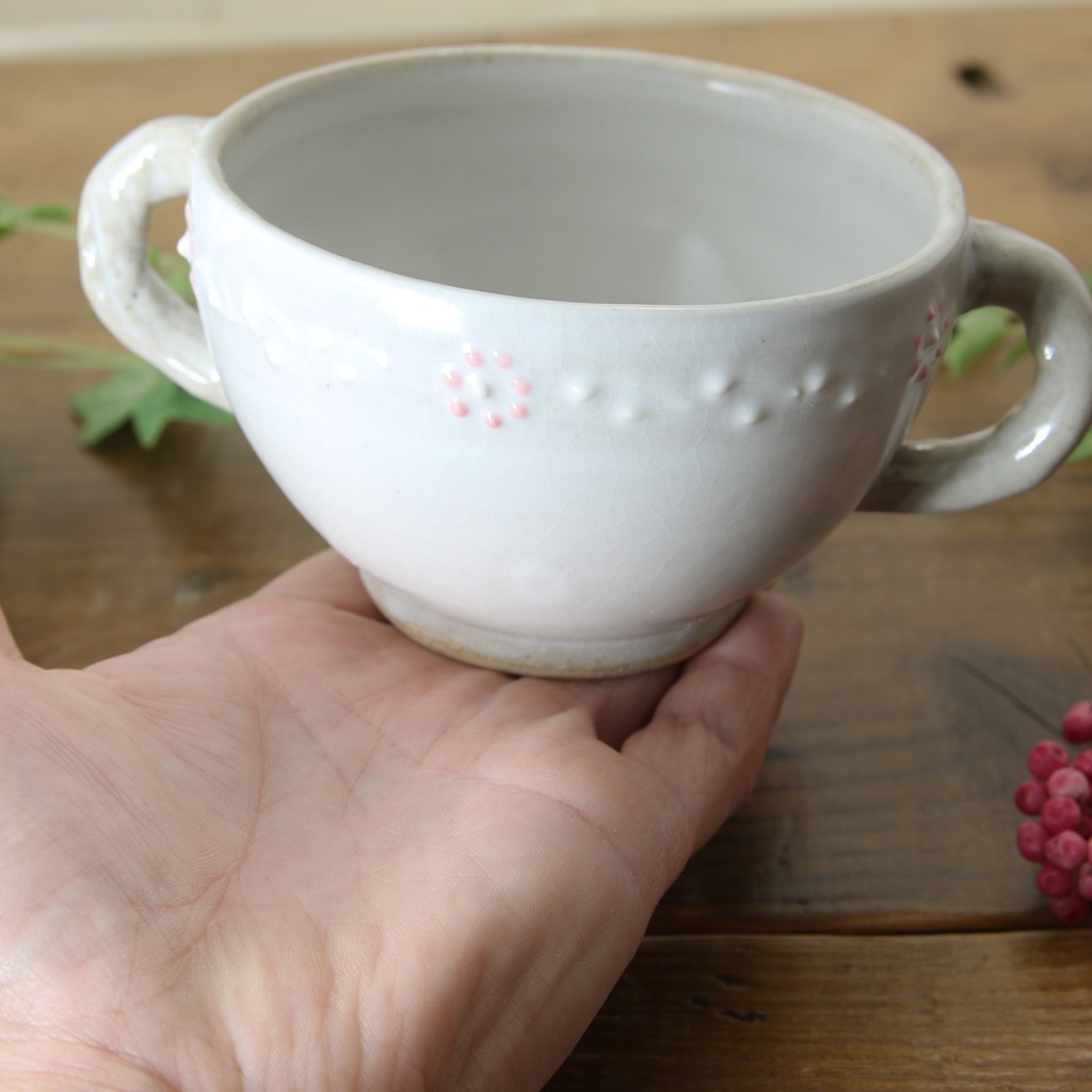 【益子焼】いっちん お花模様 両手取っ手のスープ碗【単品１個】