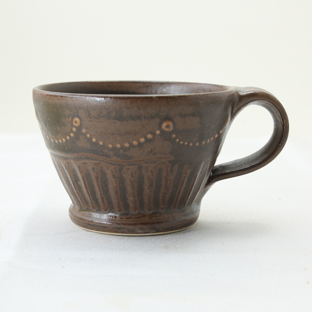 【益子焼】 コーヒーカップ＆ソーサー いっちんドット柄 レトロ焦げ茶 釉薬シリーズ 単品１客