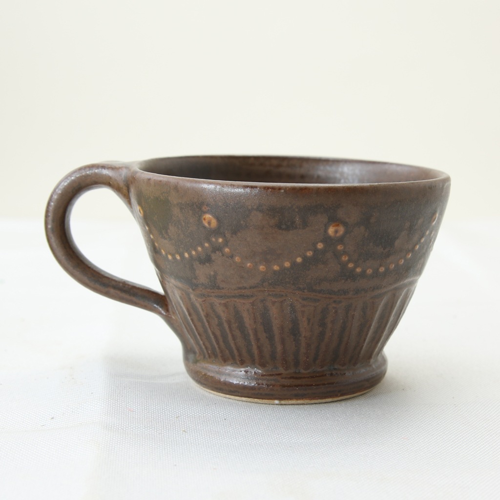 【益子焼】 コーヒーカップ＆ソーサー いっちんドット柄 レトロ焦げ茶 釉薬シリーズ 単品１客