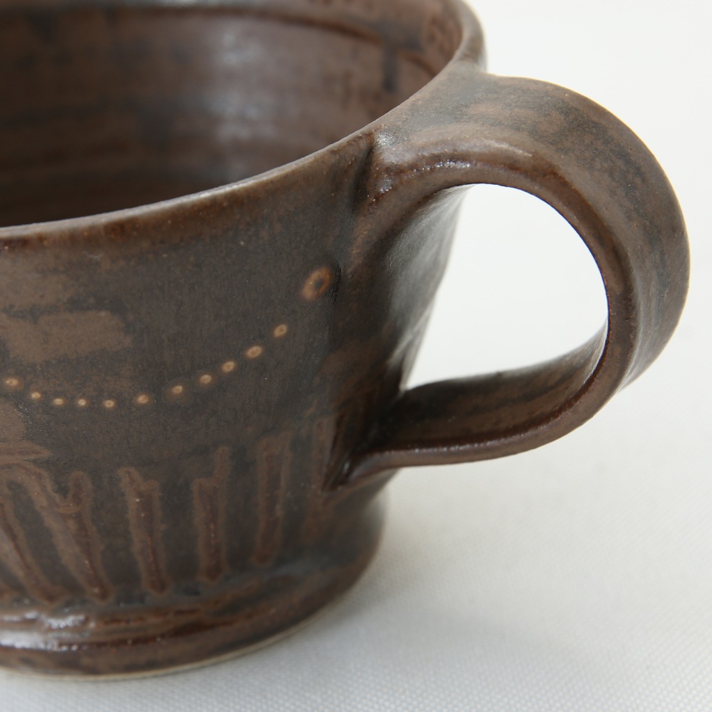 【益子焼】 コーヒーカップ＆ソーサー いっちんドット柄 レトロ焦げ茶 釉薬シリーズ 単品１客
