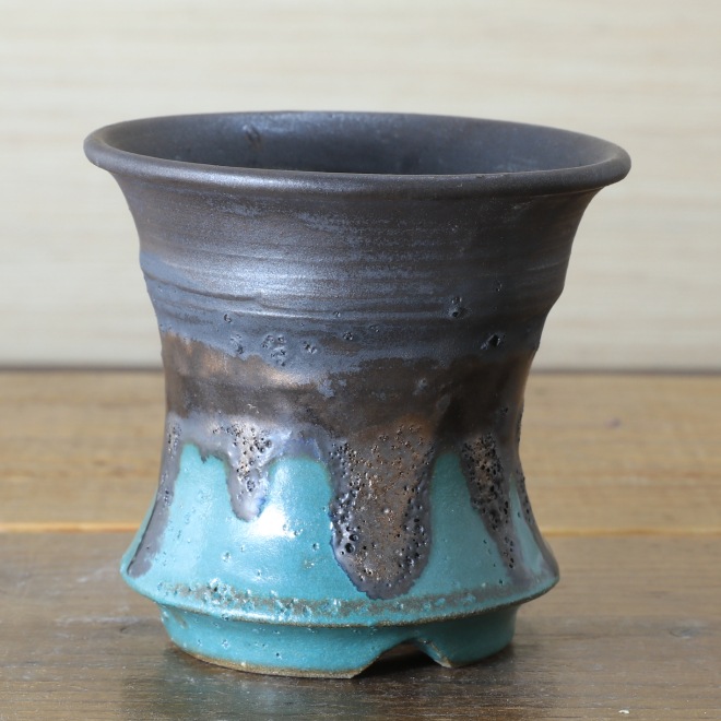 3.3号鉢 高さ約9.5cm 植木鉢 陶器鉢 塊根植物 アガベ サボテン コーデックス 【釉美シリーズ・銅青磁銀河溶岩流】 作家 陶芸家 横山雄一作 一点物
