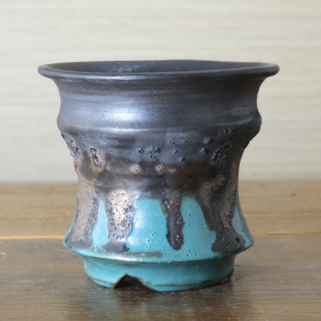 3.8号鉢 高さ約10cm 植木鉢 陶器鉢 塊根植物 アガベ サボテン コーデックス 【釉美シリーズ・銅青磁銀河溶岩流】 作家 陶芸家 横山雄一作 一点物