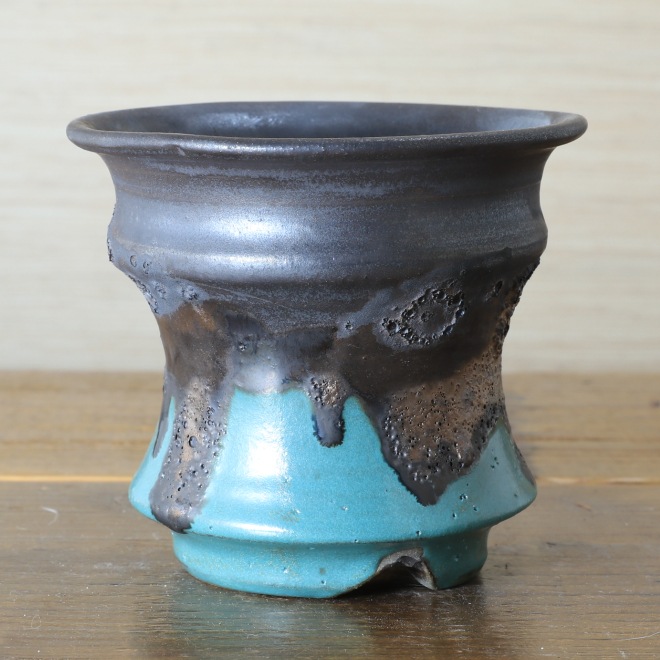 3.8号鉢 高さ約10cm 植木鉢 陶器鉢 塊根植物 アガベ サボテン コーデックス 【釉美シリーズ・銅青磁銀河溶岩流】 作家 陶芸家 横山雄一作 一点物
