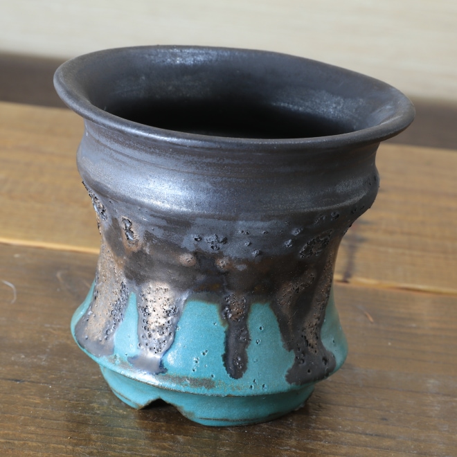 3.8号鉢 高さ約10cm 植木鉢 陶器鉢 塊根植物 アガベ サボテン コーデックス 【釉美シリーズ・銅青磁銀河溶岩流】 作家 陶芸家 横山雄一作 一点物