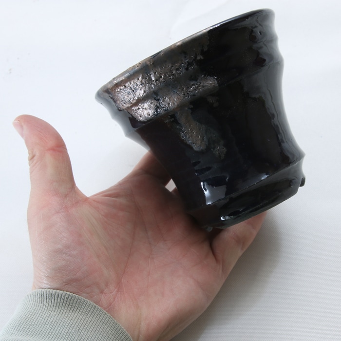 【益子焼】 3.5号鉢 植木鉢 陶器鉢 塊根植物 パキポディウム グラキリス 【銀河鉢DANDYシリーズ・深い瑠璃釉・黒金系色流れ模様】 高さ9cm 作家 陶芸家 横山雄一作