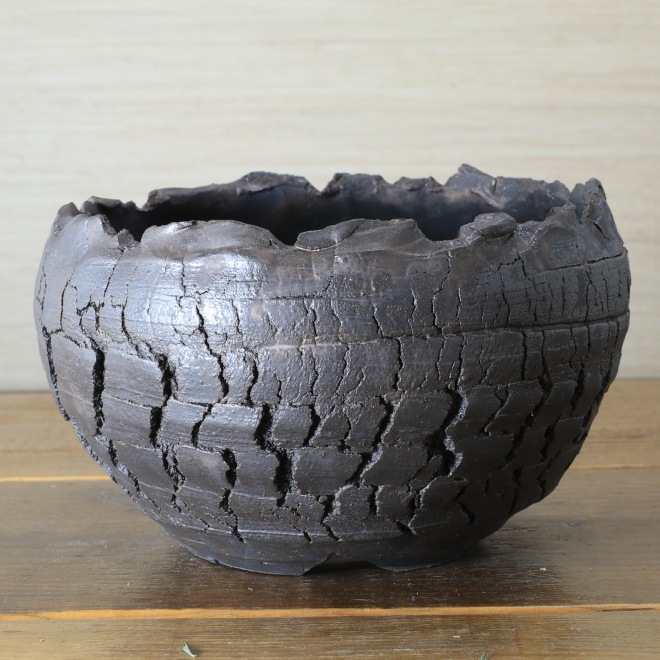 5.3号鉢 高さ約11cm 植木鉢 陶器鉢 塊根植物 アガベ サボテン コーデックス 【炸裂紋鉢 大地の鼓動】 横に穴あり 作家 陶芸家 横山雄一作