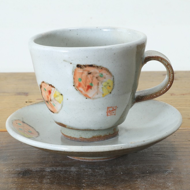 【益子焼 作家】 木村世傑作 コーヒーカップ&ソーサー 木の葉模様 (単品1客)
