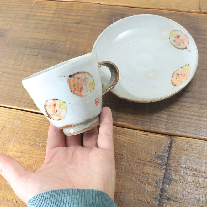 【益子焼 作家】 木村世傑作 コーヒーカップ&ソーサー 木の葉模様 (単品1客)