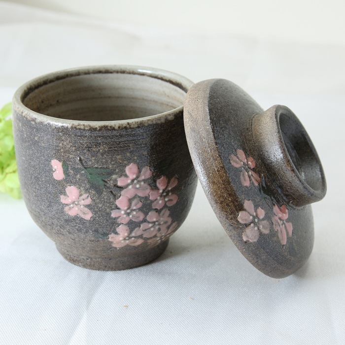 【益子焼】 和食器 茶碗蒸し 器 さくら桜 炭化焼 本体と蓋付き ※ソーサーは別売です